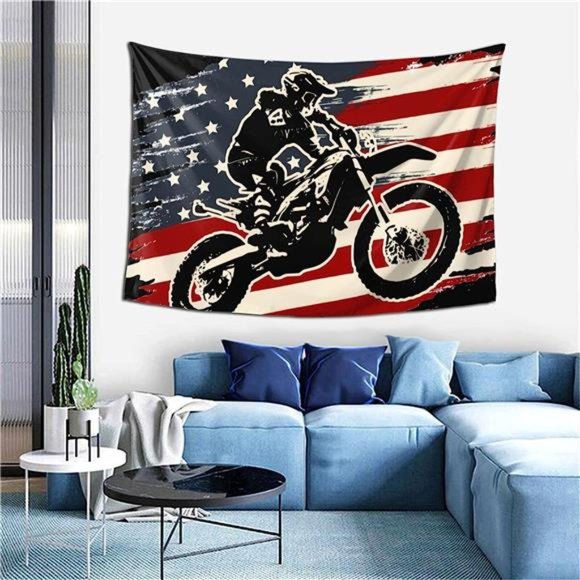 Motocross Dirt Bike American Flag Tapestry Wall Art Wall Hanging Tapestry Wall
